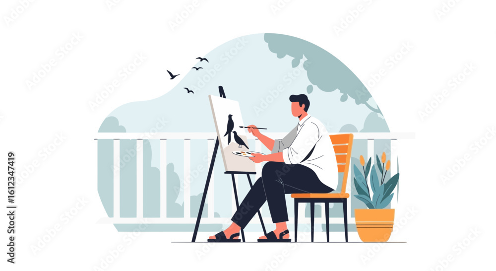 Obraz premium Artist On Balcony Painting Birds Inspired Artwork For Creative Passion