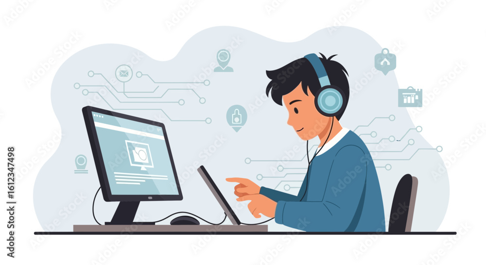 Boy Learning Online With Technology Devices And Wearing Headphone Illustration Boy Learning Online With Technology Devices And Wearing Headphone Illustration