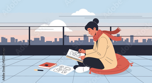 Artist On The Rooftop Creates Sketches Overlooking The City In The Morning