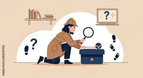 Cartoon illustration of a female detective investigating clues with magnifying glass