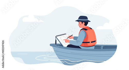 Artist On The Water Sketching In Boat Wearing Life Vest And Hat Creative Scene