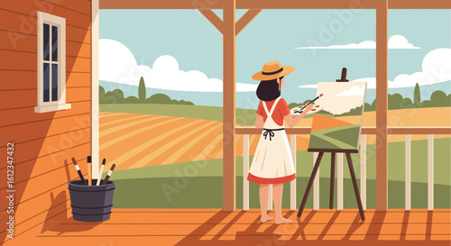 Artist Paints Picturesque Rural Landscape On A Sunny Porch Scene