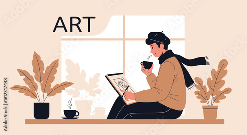 Artistic Contemplation Man Enjoying Coffee While Sketching In Cozy Studio