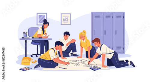 Artistic Collaboration Students Working Together On Creative Project Design In Studio