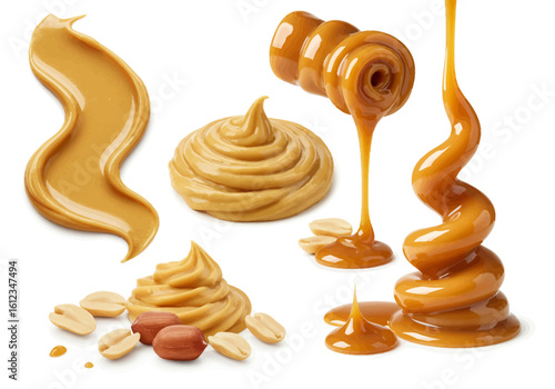 Indulge in creamy peanut butter swirls and decadent caramel streams, a delightful culinary art perfect for food advertising and gourmet presentations