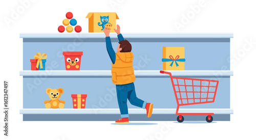 Cartoon illustration of a man taking a toy from a shelf in a toy store for children