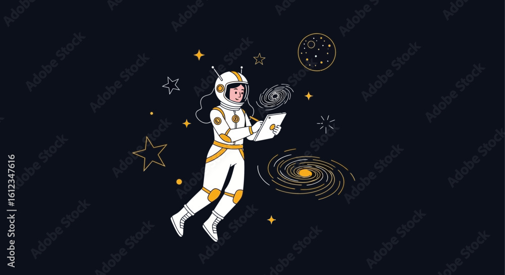 Fototapeta premium Astronaut Girl Using Tablet Device, Space Exploration and Digital Technology