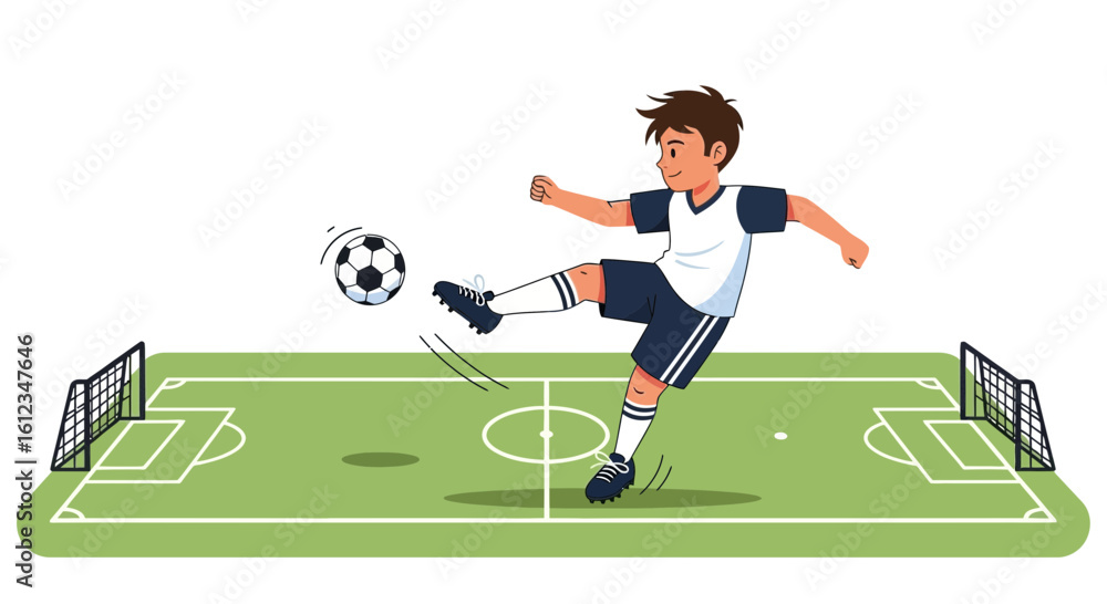Fototapeta premium Cartoon Illustration of a Young Soccer Player Kicking a Ball on the Field Actively Playing
