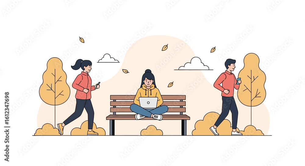 Naklejka premium Cartoon illustration of people enjoying outdoor activities in a park setting