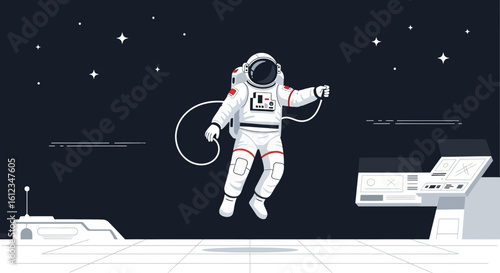 Astronaut Floating Freely In Space Station With Stars In The Background