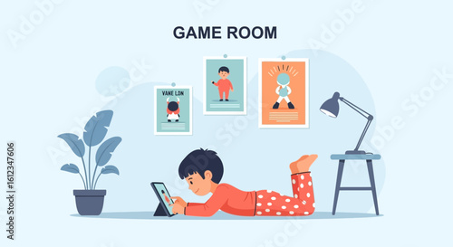Cartoon illustration of a young boy using a tablet in his game room, surrounded by decorations and a cozy atmosphere