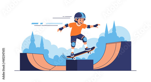 Cartoon illustration of a young boy skateboarding in a skatepark with ramps and city skyline