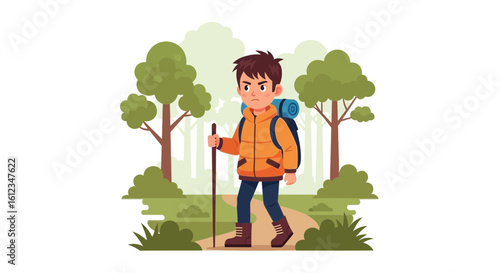 Cartoon illustration of a young man hiking in the forest with backpack and stick on a trail happy active lifestyle enjoying nature travel