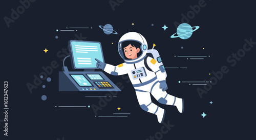 Astronaut operating a space station panel in the vastness of space with planets background