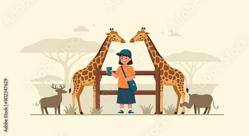 Cartoon illustration of a young girl feeding giraffes at a safari park with wild animals