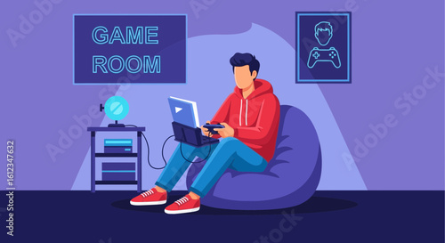Cartoon illustration of a young man playing video games on a laptop at home in his game room