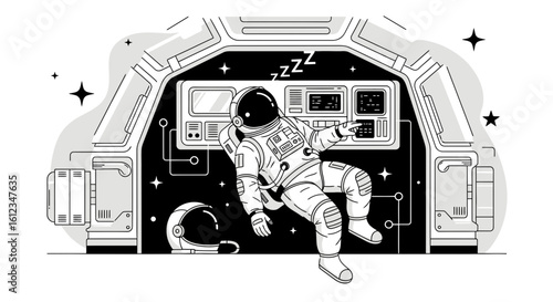 Astronaut Taking A Rest Inside The Spaceship In Black And White Style