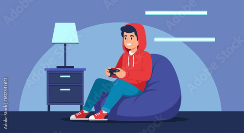 Cartoon illustration of a young man playing video games in his room with a controller