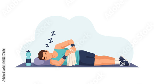 Athlete's Fatigue After Intense Workout Session Illustration Resting on Yoga Mat