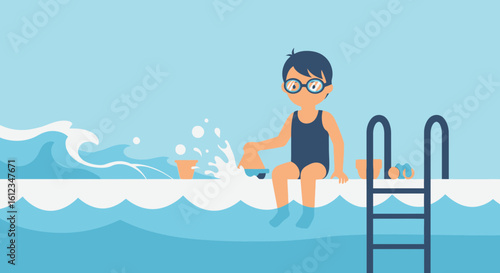 Cartoon Illustration Of Boy Relaxing Near Water At Swimming Pool Scene