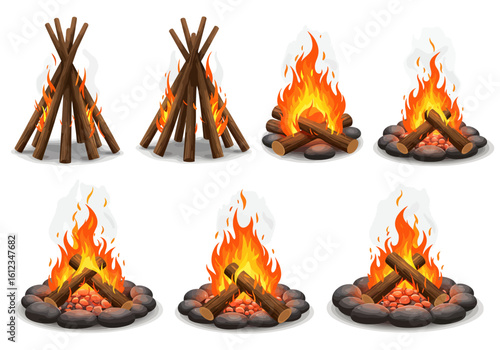 Discover the warmth and ambiance of six distinct, vibrant campfires perfect for outdoor adventures, camping trips, and cozy evenings under the stars, each radiating inviting flames.