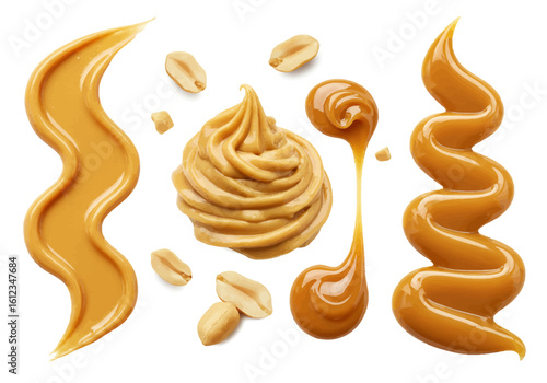 Indulge in creamy peanut butter swirls and drizzles with scattered roasted peanuts, perfect for tempting food advertising and recipe creations.
