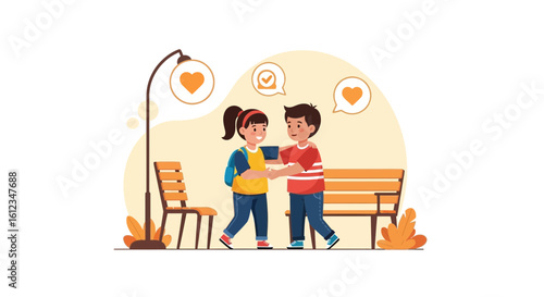 Cartoon illustration of children expressing love, friendship in a park setting happy youthful connection
