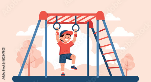 Boy Playing On The Rings In The Playground Doing Physical Activity