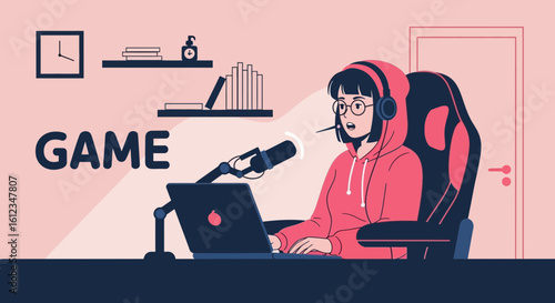 Cartoon streamer girl in a hood with headphones playing online game at home