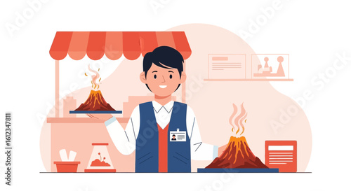 Cartoon Scientist With Volcanoes Presenting Natural Phenomenon Explanation