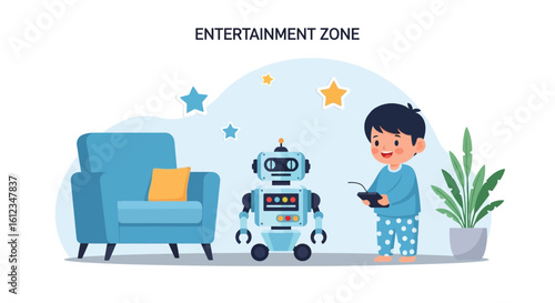 Boy playing with a robot in a colorful and joyful room designed for entertainment