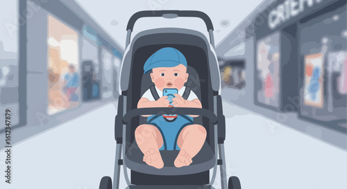 Baby Engrossed In Mobile Device While Seated In A Stroller At Mall