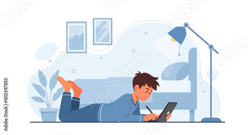 Cartoon Young Man Relaxing At Home Drawing On Tablet Device In Bedroom