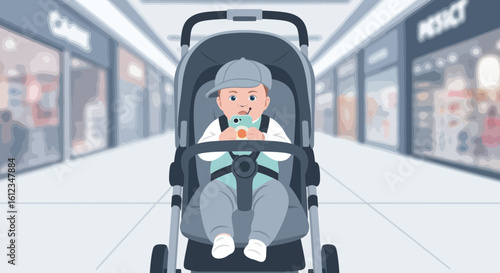 Baby enjoying a digital screen in stroller at modern indoor shopping mall