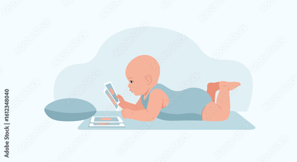 Obraz premium Baby Lying On Tummy Examining Flash Cards For Sensory Development Training