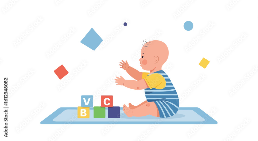 Baby playing with letter blocks and geometric shapes on a white background Baby playing with letter blocks and geometric shapes on a white background