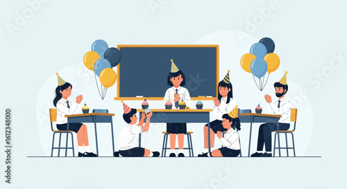 Celebrating A Birthday In Classroom With Cupcakes And Balloons