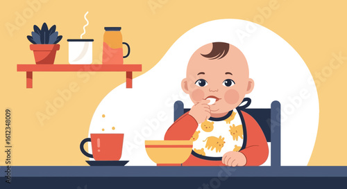 Baby Is Enjoying His Meal At Table With A Bib Full Of Pictures