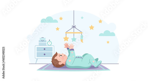 Baby lying on a rug looking at a baby mobile in a nursery illustration scene