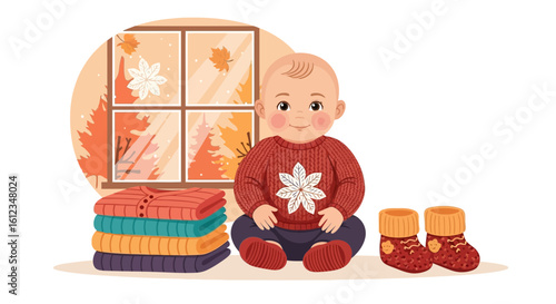 Baby In Autumn Apparel With Window View And Warm Knitted Accessories