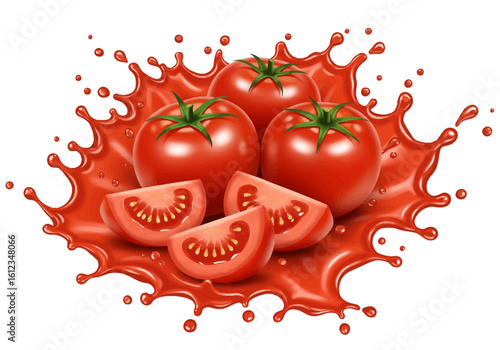 Vibrant red tomatoes bursting with fresh juice create a dynamic splash, perfect for culinary advertising and healthy eating promotions.