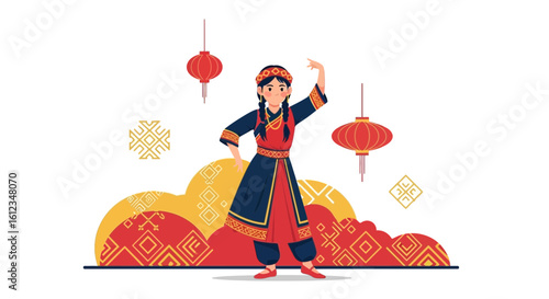 Celebrating Cultural Heritage A Girl Dancing With Traditional Lanterns Around