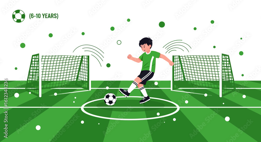Fototapeta premium Boy Practicing Soccer On A Beautiful Green Pitch With Two Soccer Goals