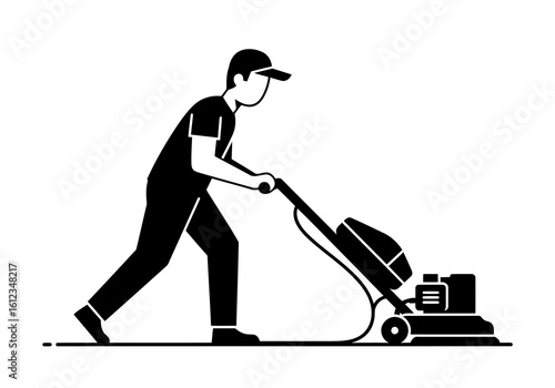 Vector illustration of vector art of a janitor is cleaning the floor with a machine isolated on white background