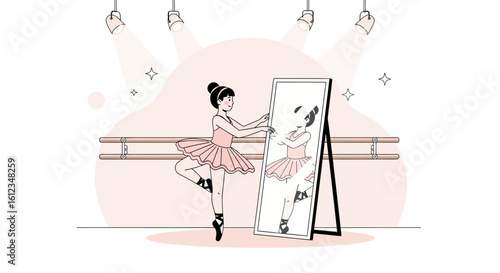 Ballerina Practicing Position In Studio In Front Of Mirror Illustration