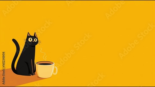 Black cat sitting beside a steaming cup of coffee on a vibrant yellow background, creating a cheerful and cozy atmosphere for morning routines and relaxation moments