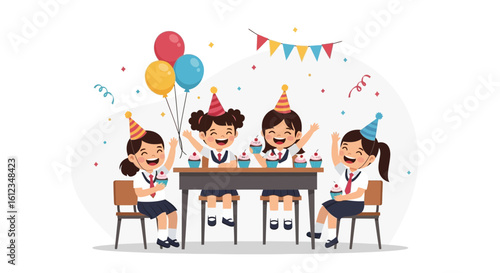 Birthday Celebration Featuring Cheerful School Children With Cupcakes And Balloons
