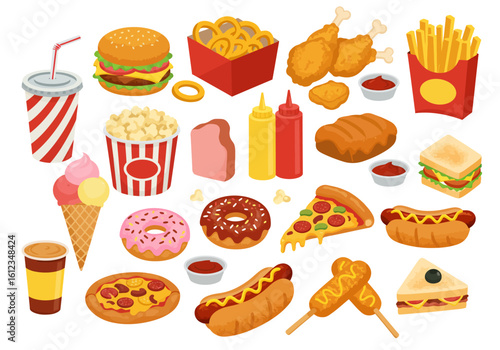Indulge in a vibrant collection of classic fast food favorites including burgers, fries, pizza, and sweet treats, perfect for any celebratory occasion or casual dining concept.