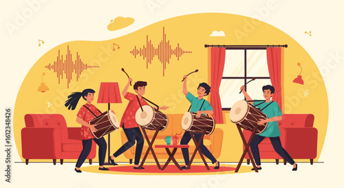 Celebrating Musical Expression Dynamic Drummers Playing Rhythmically In A Lively Interior