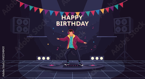 Birthday Celebration With A Dj Mixing Music On Stage At Night Party